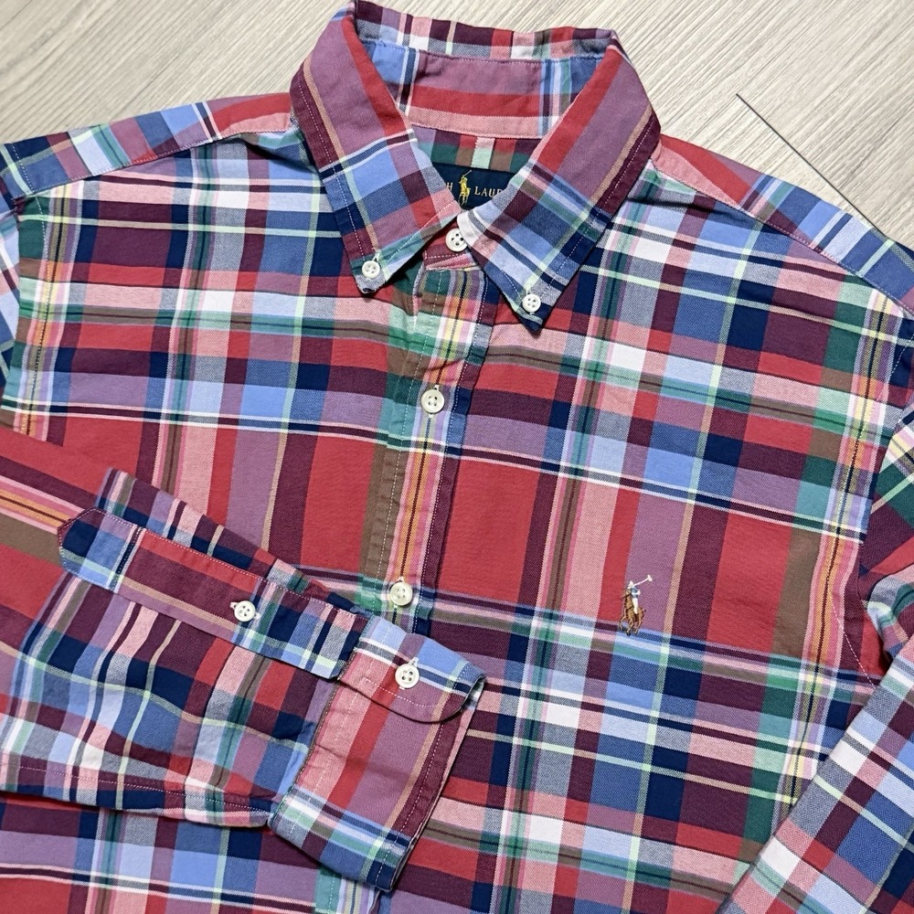 Polo Ralph Lauren Men's M Classic Fit Madras Colorful Plaid L/S Shirt Flesh Pony